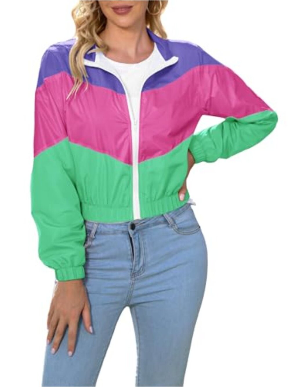Lightweight Windbreaker Sport Jacket Zip Up Color Block Coat Casual Long Sleeve